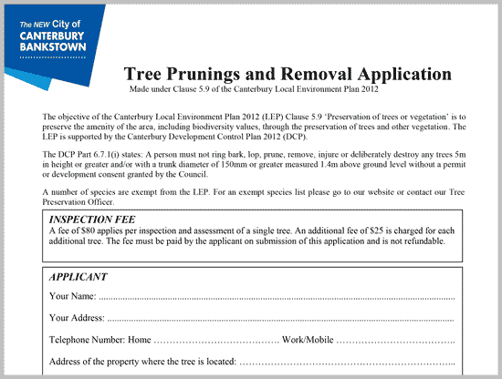 tree removal pruning application form
